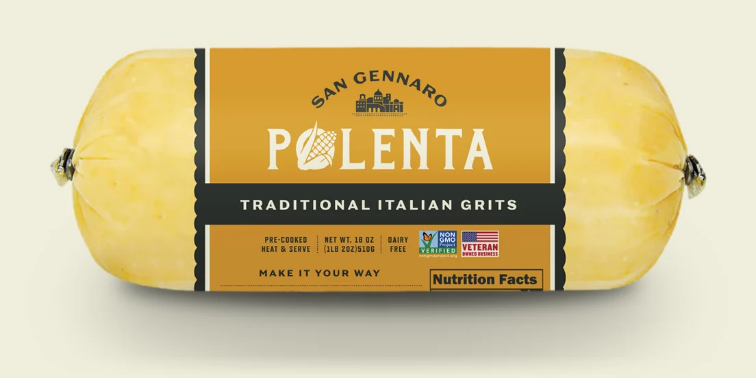 San Gennaro Traditional Italian Polenta, an 18 ounce roll with a gold label and a charcoal flavor band.