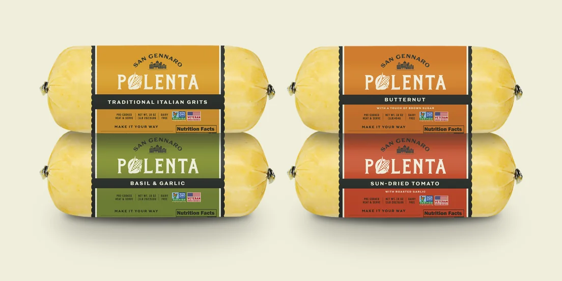 San Gennaro Build Your Own Polenta Pack: Traditional Italian and Butternut rolls resting on Basil & Garlic and Sun-Dried Tomato rolls.