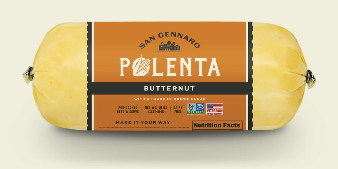 San Gennaro Butternut Polenta, a 16 ounce roll with an orange label and a charcoal flavor band.