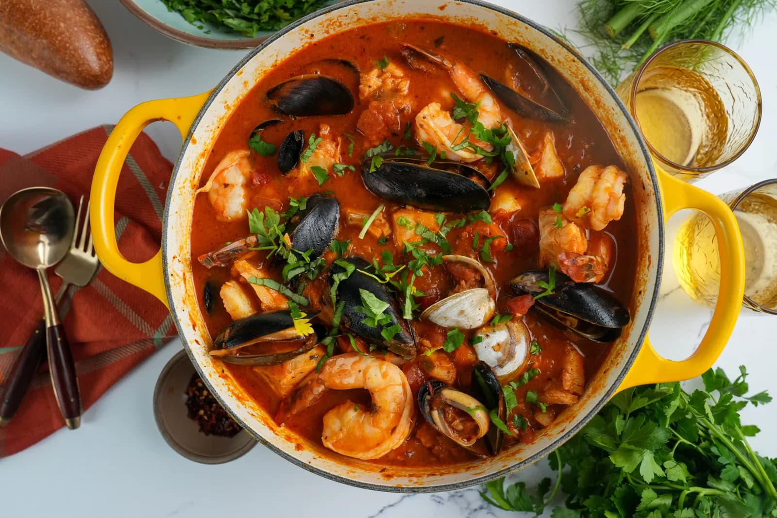 A pot of cioppino with mussels, clams and shrimp, set with bread, parsley and glasses of white wine.